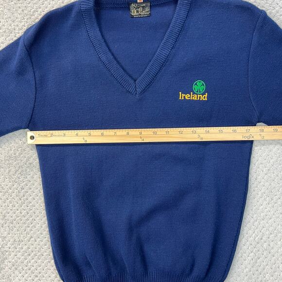 Vintage Blarney Castle Mens Knit Sweater V Neck Tight Knit Med Navy Made Ireland - Picture 6 of 12